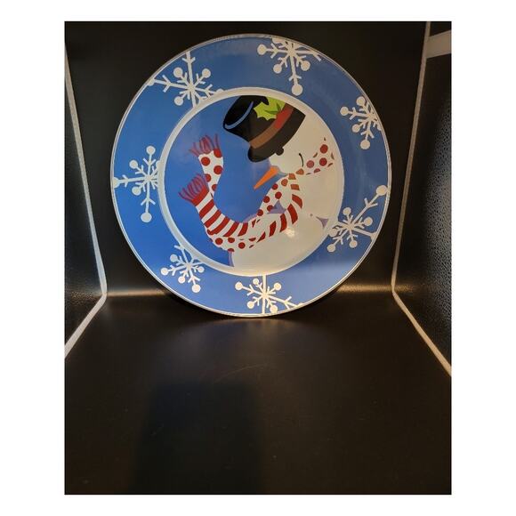 Golden Rabbit Blue Snowman Enamelware Collector Plate by Michael Sparks 12.5" - Picture 2 of 7